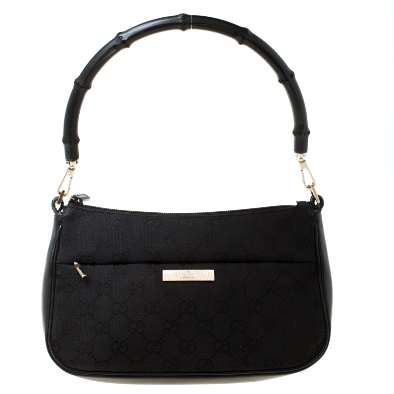 Pre Owned Gucci Black GG Canvas and Leather Bamboo Shoulder Bag