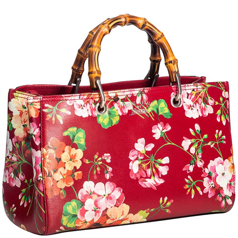 

Gucci Red Bloom's Printed Leather Bamboo Shopper Tote, Multicolor