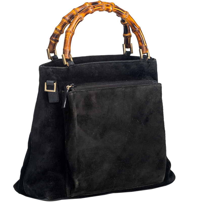

Gucci Black Suede Top Handle Bamboo Satchel