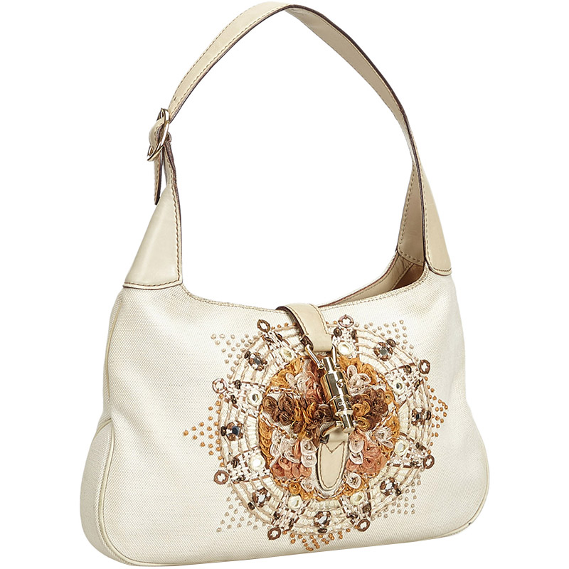 

Gucci White Embroidered Canvas New Jackie Shoulder Bag