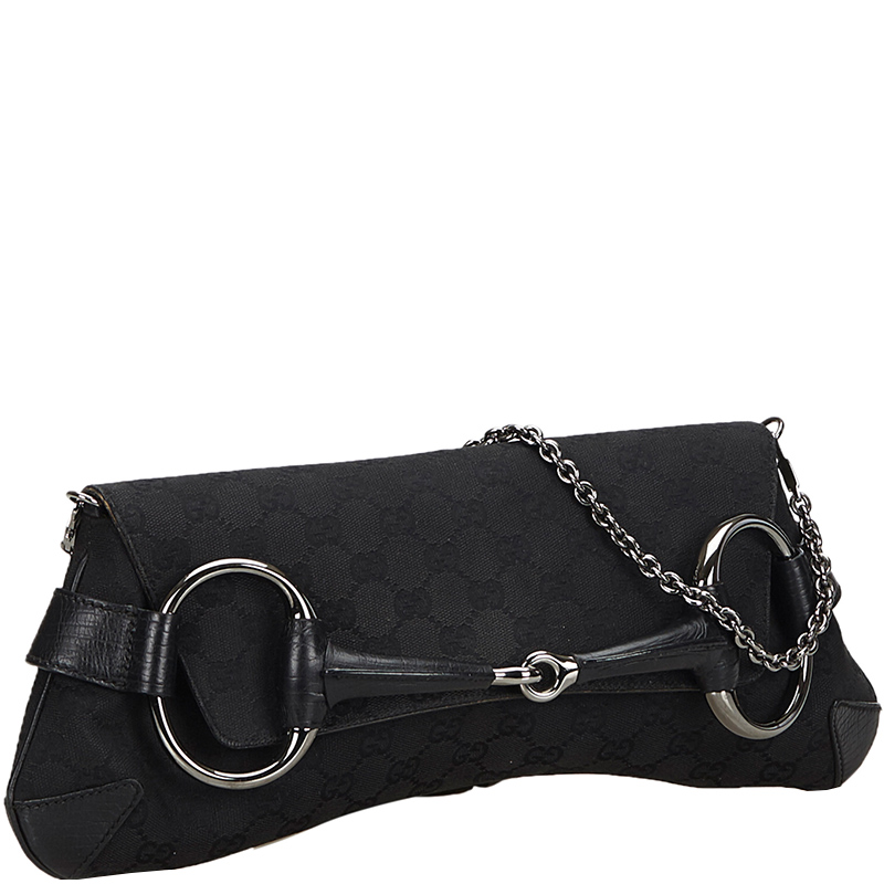 

Gucci Black GG Canvas Studded Horsebit Chain Clutch