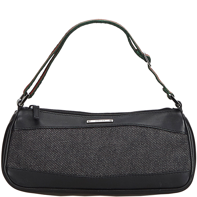 Pre Owned Gucci Black Denim And Leather Baguette
