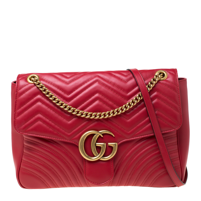 Gucci Red Matelasse Leather  Large GG Marmont Shoulder Bag