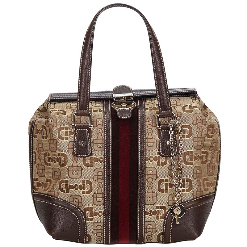 Gucci Brown Beige Horsebit Canvas Web Treasure Handbag