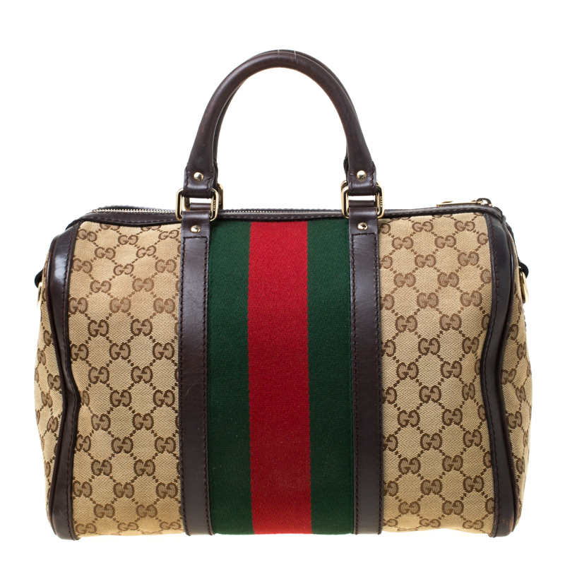 Gucci Beigebrown GG Canvas Vintage Web Boston Bag Red And 