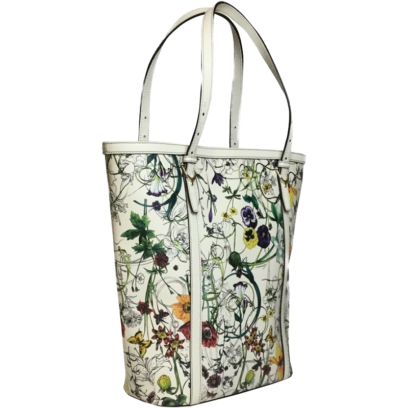 

Gucci White Leather Flora Print Tote Bag, Multicolor