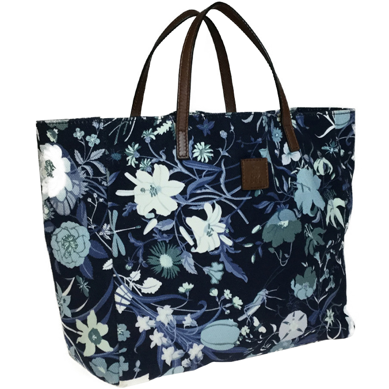 

Gucci Navy Blue Leather Flora Print Tote Bag, Brown