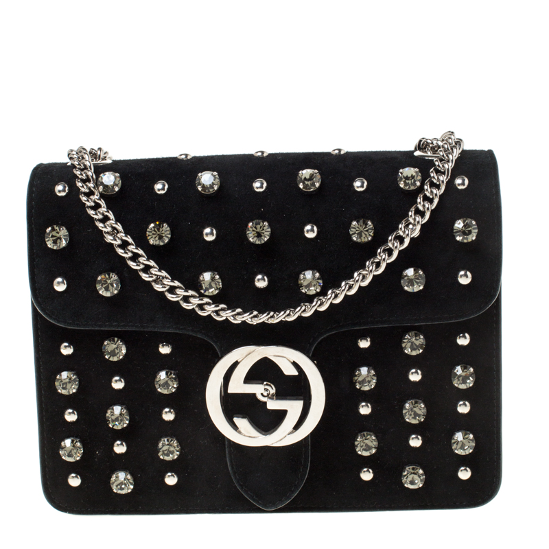 Pre Owned  حقيبة يد غوتشي مرصعة قفل متشابك سويدي سوداء
