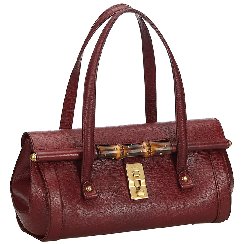 

Gucci Red Leather Bamboo Bullet Satchel Bag