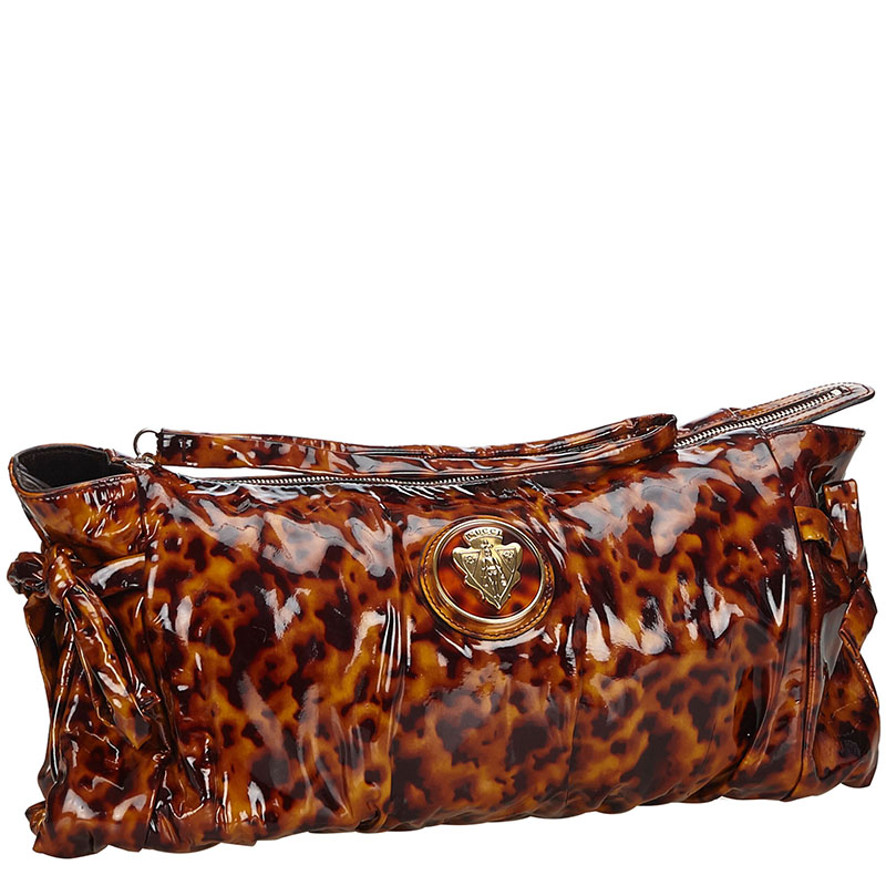 

Gucci Leopard Print Patent Leather Hysteria Clutch Bag, Brown