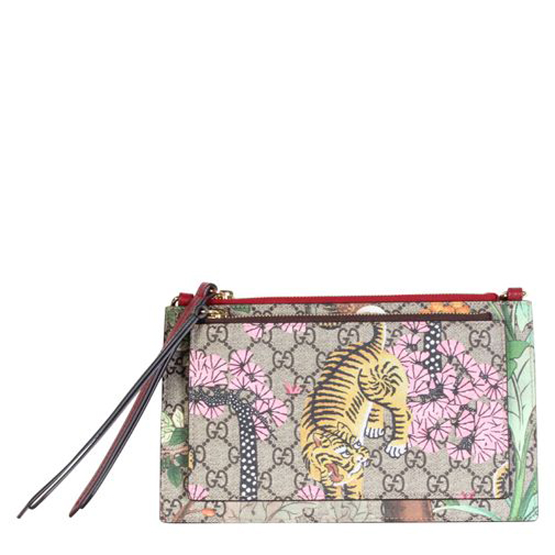 Pre-owned Gucci Brown Gg Tiger Canvas Double Pouch Clutch