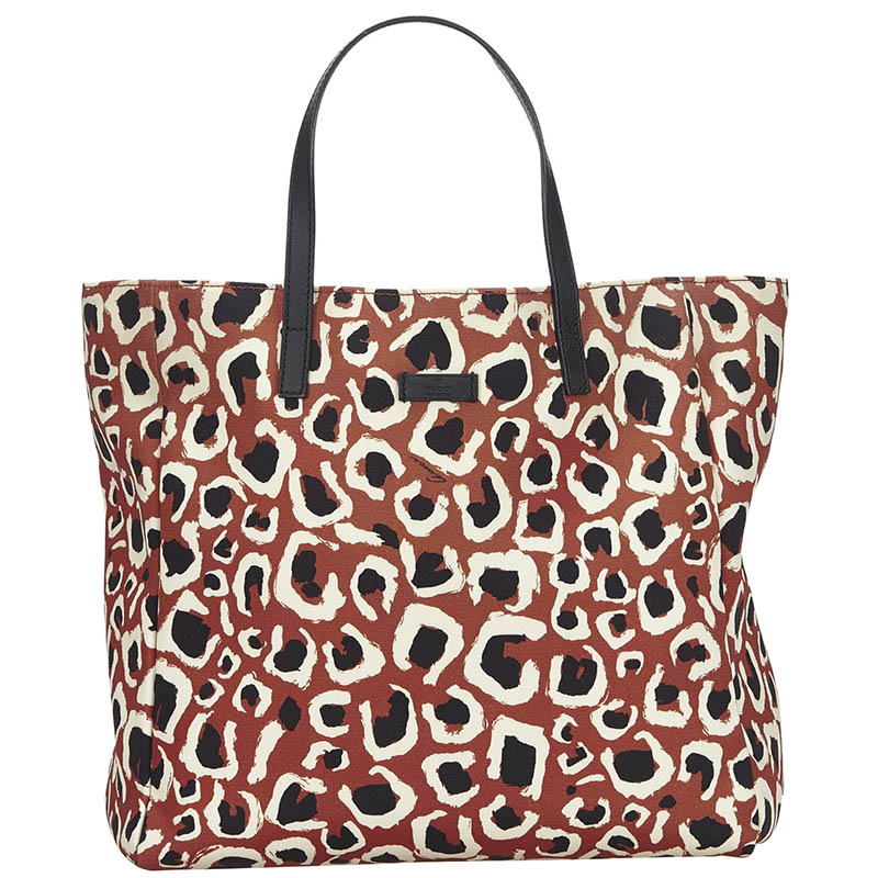 Pre-owned Gucci Brown/beige Leopard Printed Nylon Leather Tote Bag In Multicolor