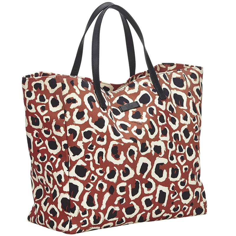 

Gucci Brown/Beige Leopard Printed Nylon Leather Tote Bag, Multicolor