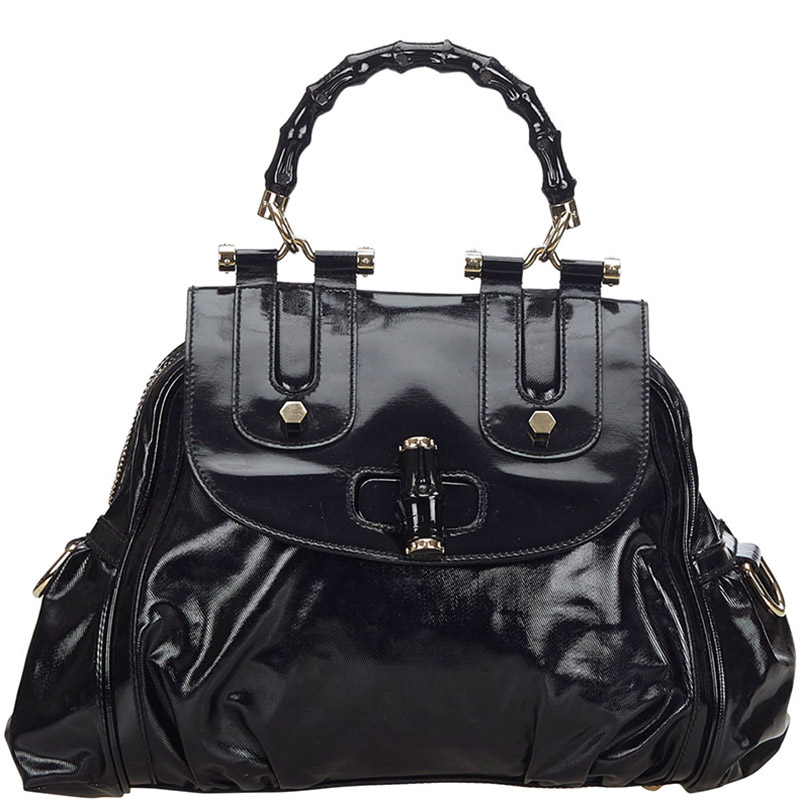 Buy Gucci Black Patent Leather Bamboo Satchel 221194 at best price | TLC
