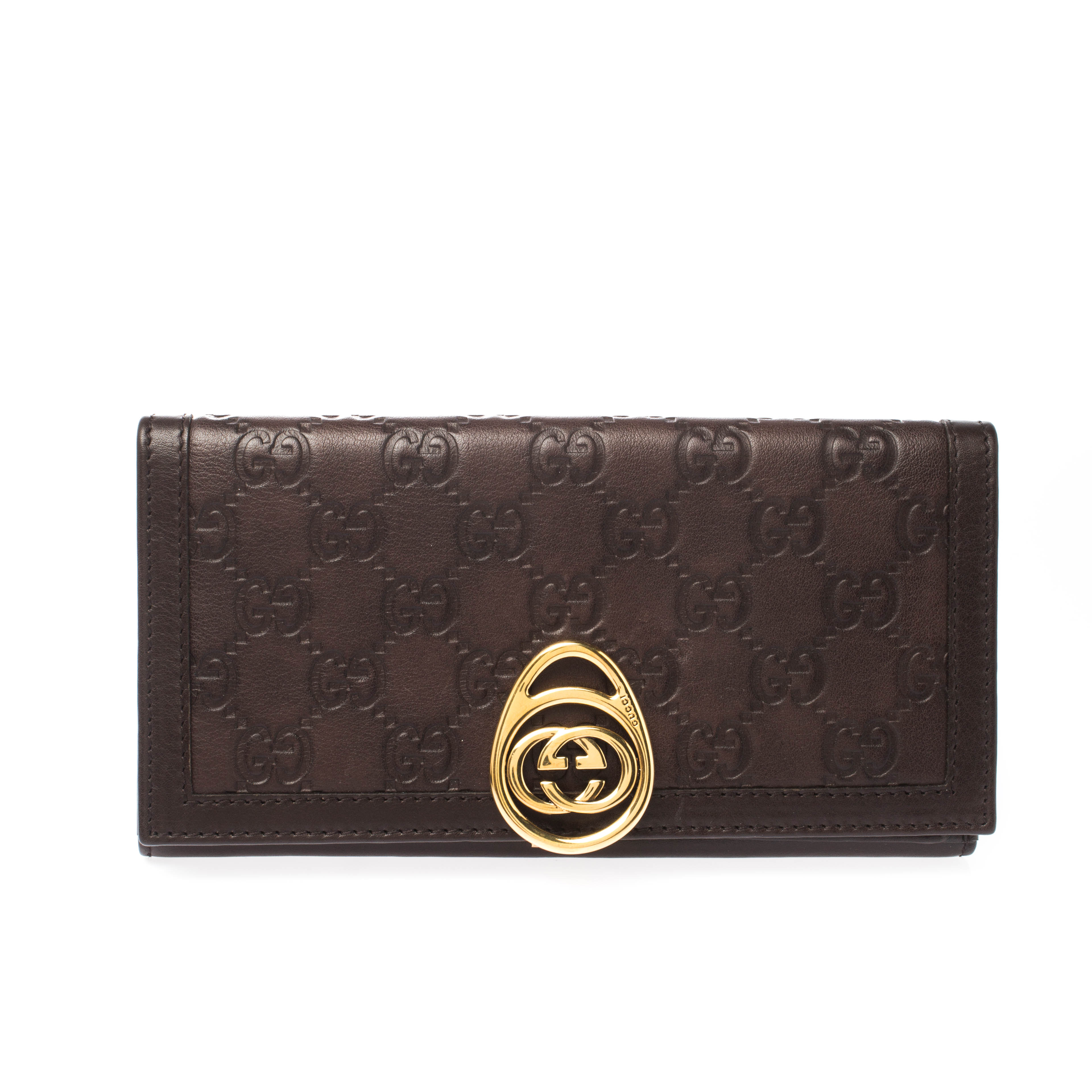 Gucci Brown Guccissima Leather Interlocking GG Clip Continental Wallet