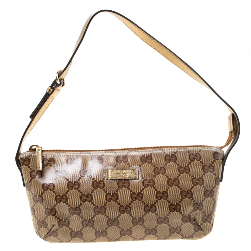 Gucci Gold GG Crystal Canvas and Leather Pochette 