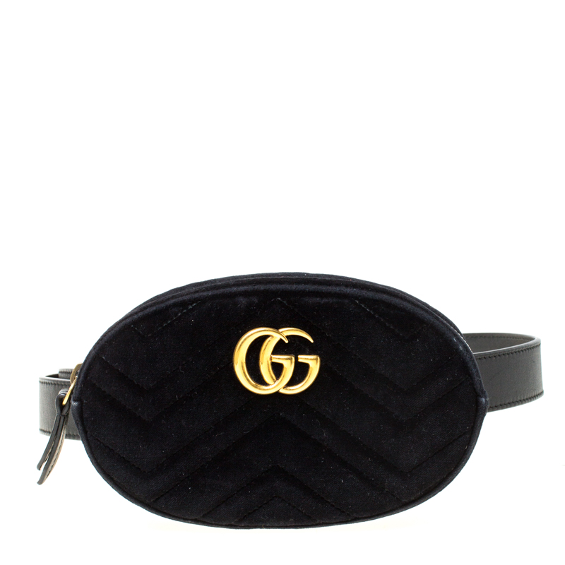 Gucci Black Velvet and Leather GG Marmont Matelasse Belt Bag