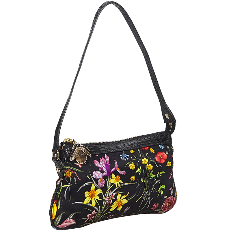 

Gucci Black Satin Flora Satin Baguette Bag, Multicolor