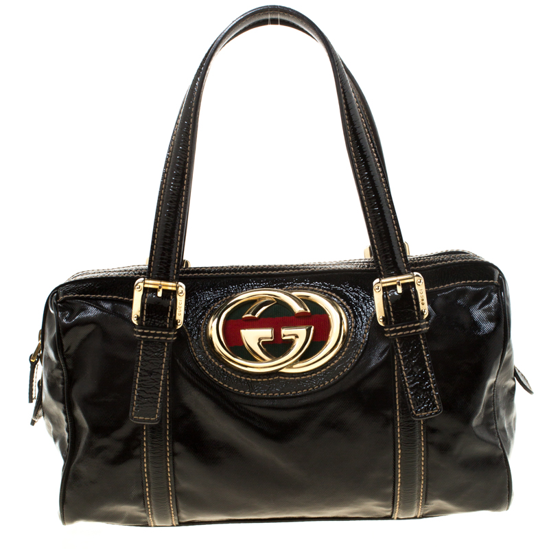 Pre Owned Gucci Black Patent Leather Dialux Britt Boston Bag