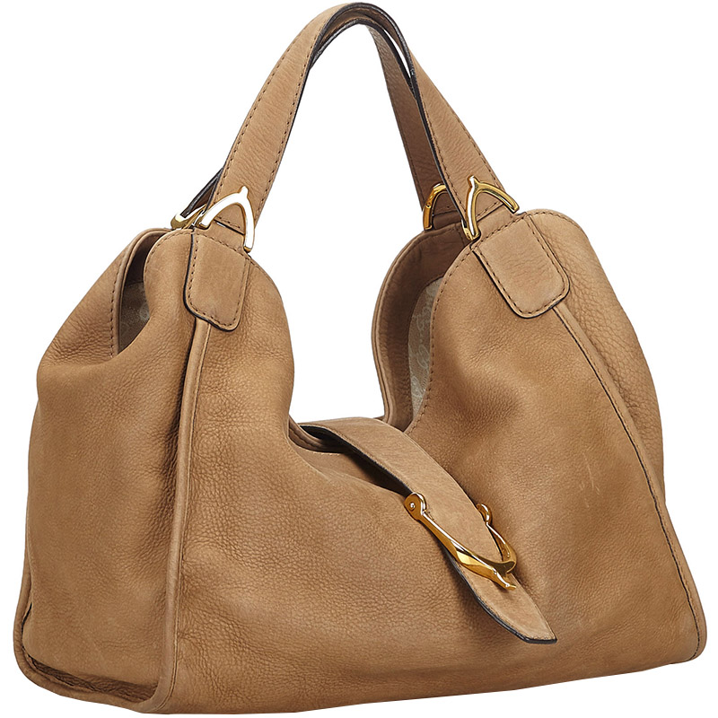 

Gucci Light Brown Taupe Nubuck Leather Soft Stirrup Shoulder Bag