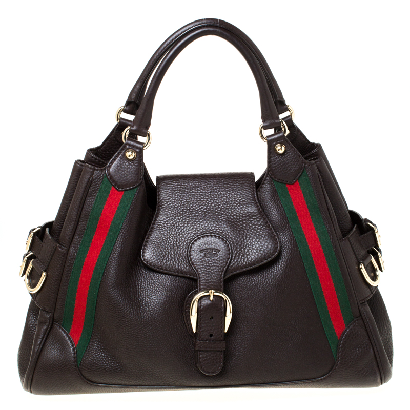 Pre Owned Gucci Dark Brown Leather Web Heritage Tote