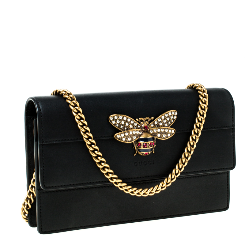 Gucci Black Leather Bee Embellished Crossbody Bag Gucci