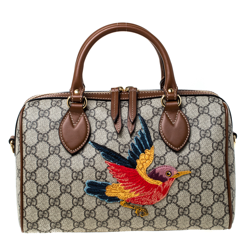 Pre Owned Gucci Beige/Brown GG Supreme Canvas Limited Edition Bird Boston Bag