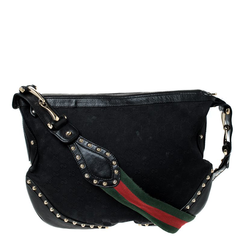 Pre Owned Gucci Black GG Canvas and Leather Medium Studded Pelham Web Hobo