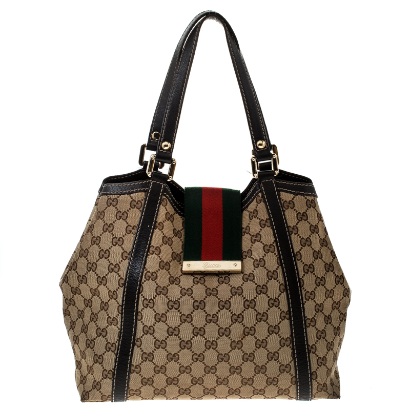 Gucci Beige/Dark Brown GG Canvas and Leather New Ladies Web Tote
