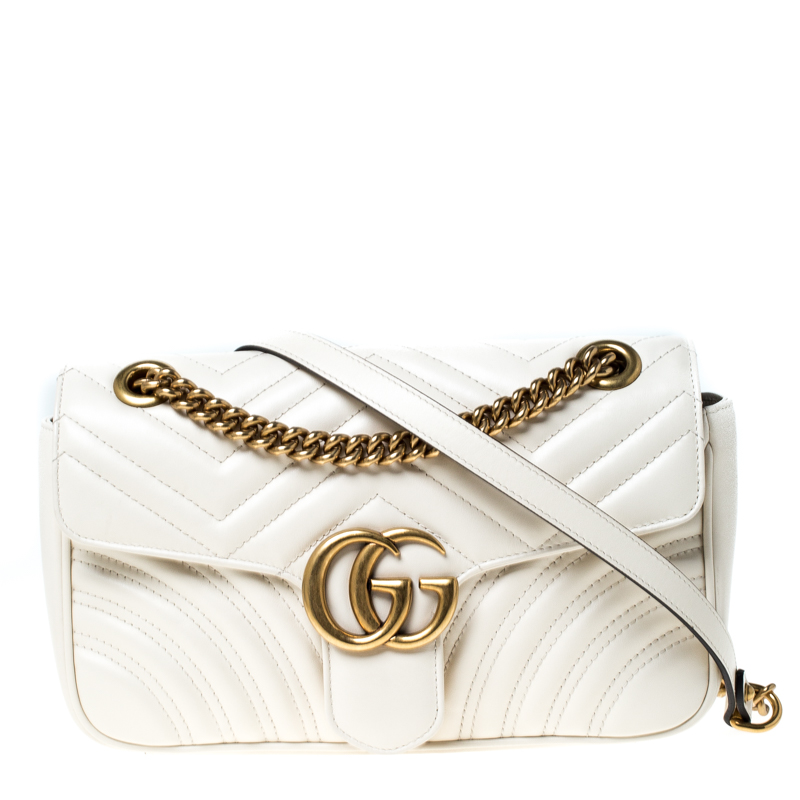 Pre Owned Gucci Beige Matelasse Leather Small GG Marmont Shoulder Bag