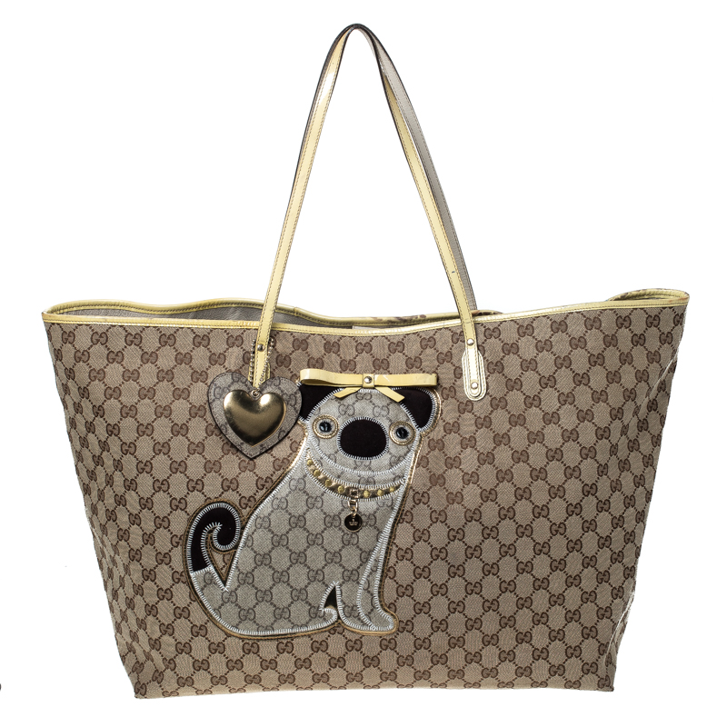 Pre Owned Gucci Beige/Yellow GG Canvas and Patent Leather Oversize Guccioli Oliver Embroidery Tote