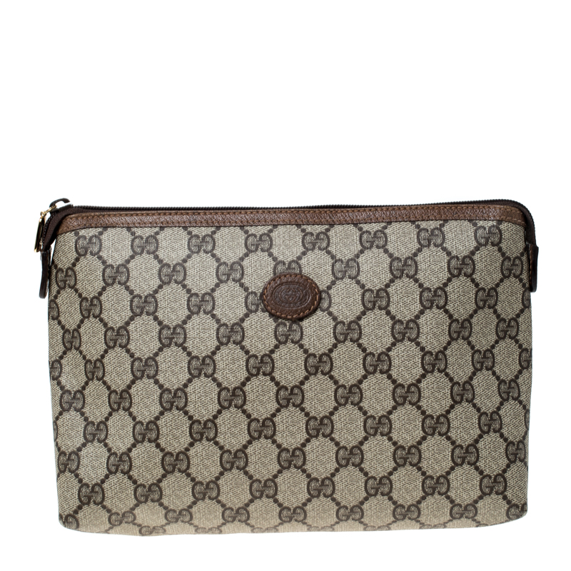 Pre Owned Gucci Beige/Brown GG Supreme Canvas Cosmetic Clutch