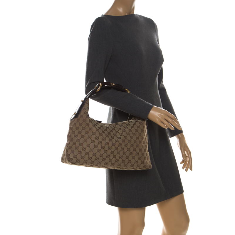 

Gucci Beige/Dark Brown GG Canvas and Leather  Horsebit Hobo