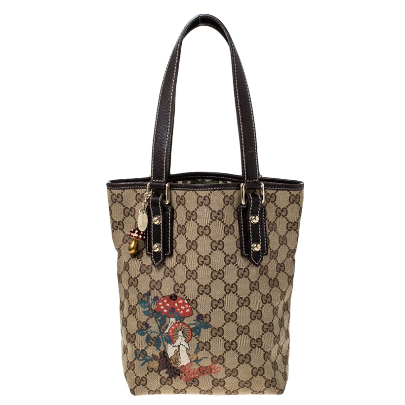 مملوكة مسبقًا Gucci Beige/Brown Mushroom Embroidered GG Canvas Tote