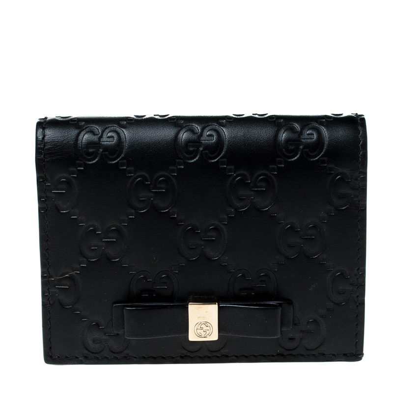 مملوكة مسبقًا Gucci Black Guccissima Leather Bow Bifold Wallet
