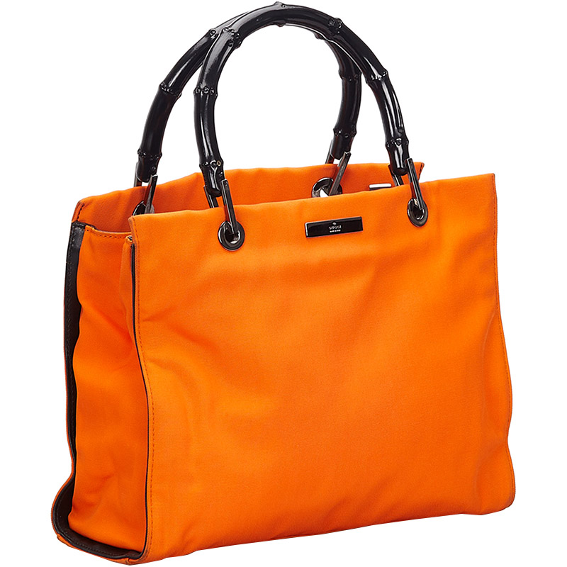 

Gucci Orange Nylon Bamboo Top Handle Tote, Black