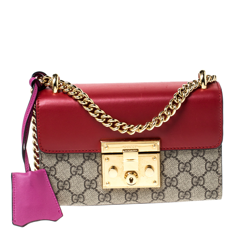 Gucci Red/Pink Leather and GG Supreme Monogram Canvas Small Padlock Shoulder Bag