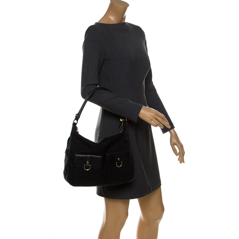 

Gucci Black GG Canvas and Leather D Ring Abbey Hobo