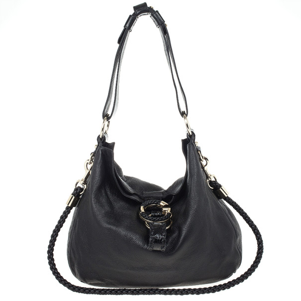 مملوكة مسبقًا Gucci Black Leather Braided Handle Large Hobo