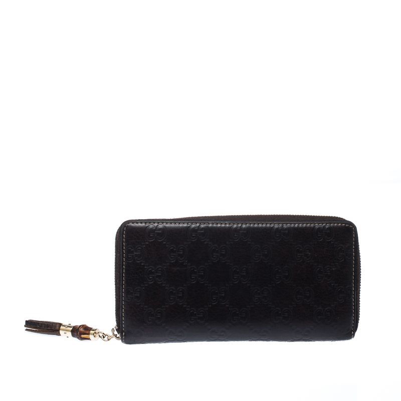 Pre Owned Gucci Dark Brown Guccissima Leather Bamboo Tassel Zip Around Wallet