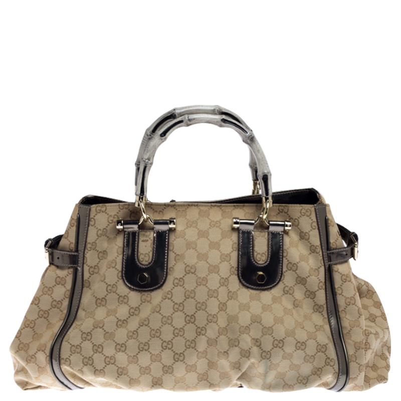 Gucci Beige GG Canvas and Patent Leather Pop Bamboo Handle Tote