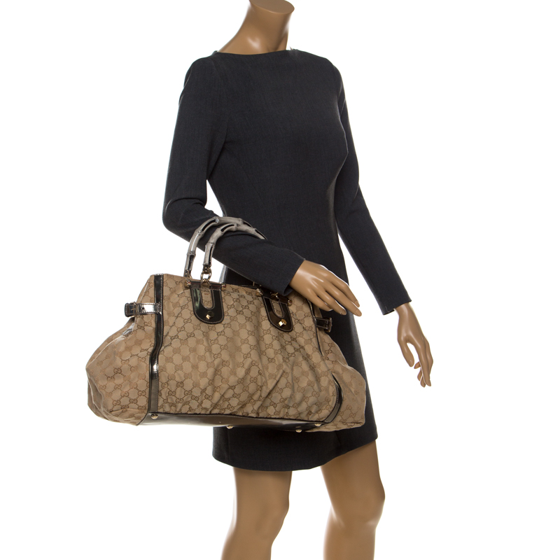 

Gucci Beige GG Canvas and Patent Leather Pop Bamboo Handle Tote