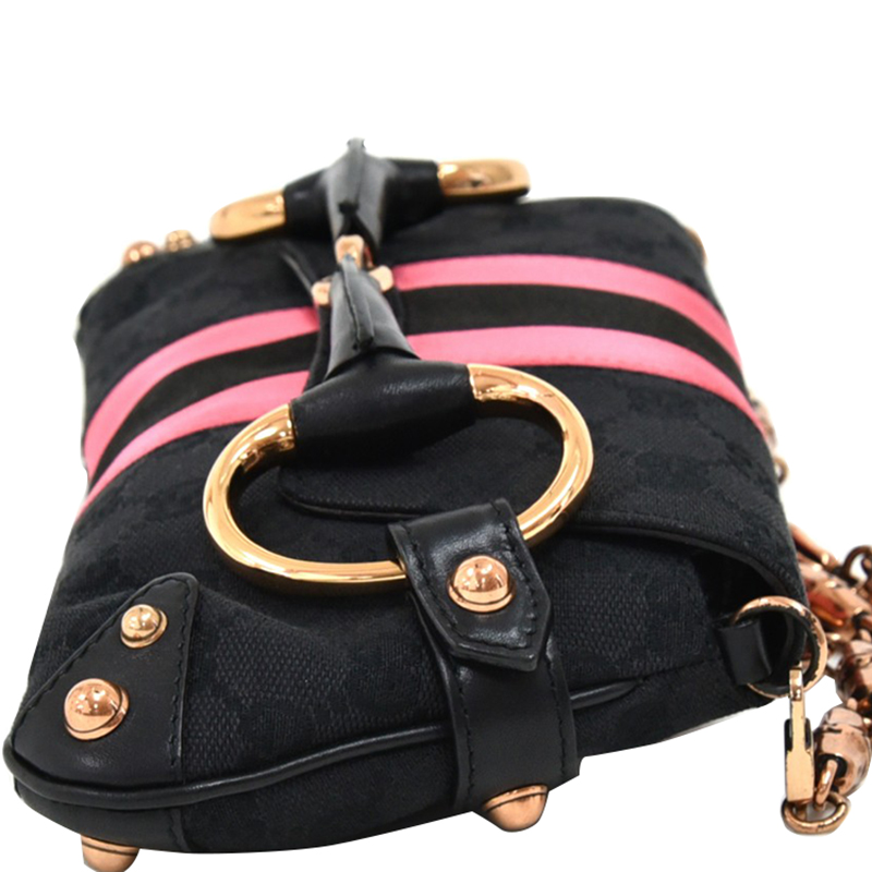 

Gucci Black/Pink GG Canvas and Satin Small Limited Edition Tom Ford Horsebit Web Chain Clutch