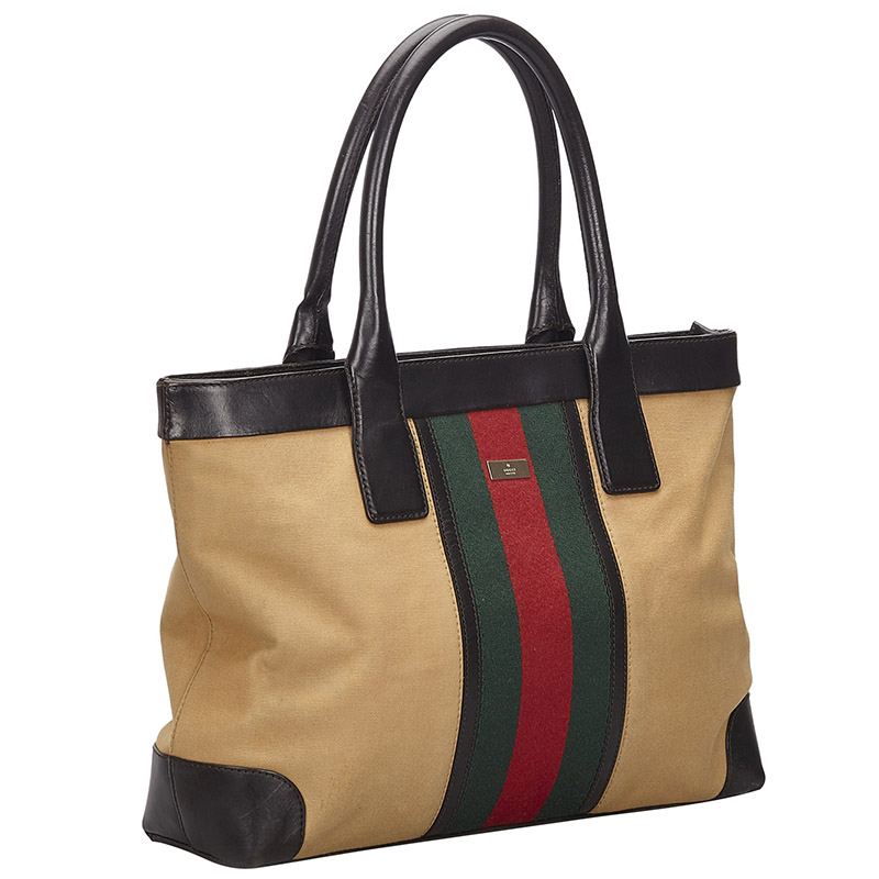 

Gucci Brown/Beige Web Canvas Leather Tote Bag