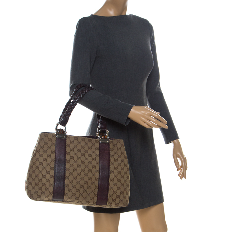 

Gucci Beige/Purple GG Canvas Medium Bamboo Bar Tote