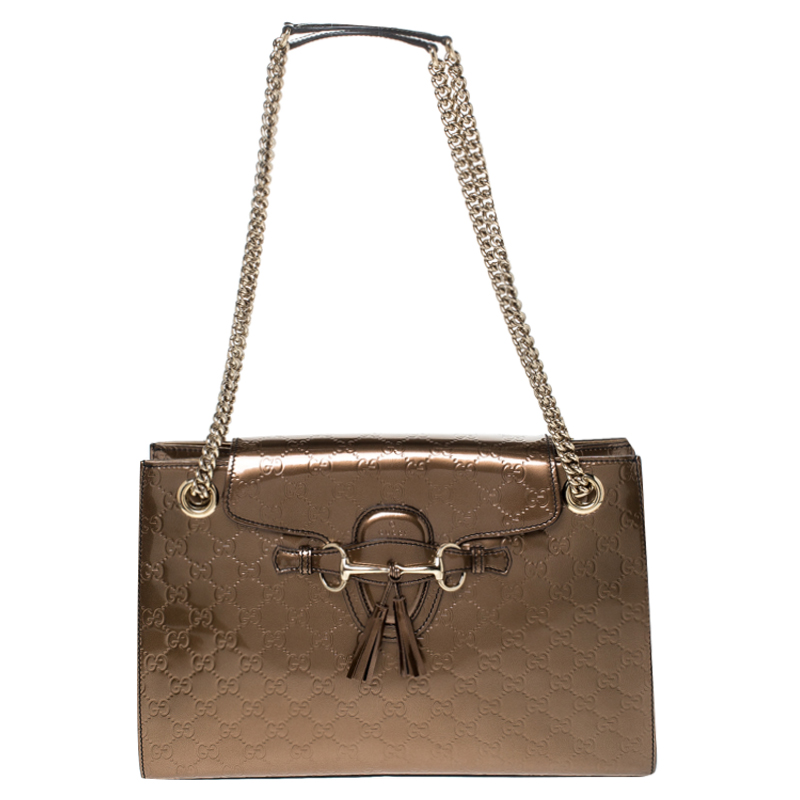 مملوكة مسبقًا Gucci Bronze Guccissima Patent Leather Large Emily Chain Shoulder Bag