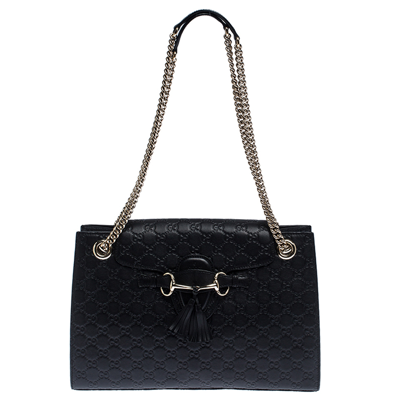 Pre Owned Gucci Black Guccissima Leather Large Emily Chain Shoulder Bag