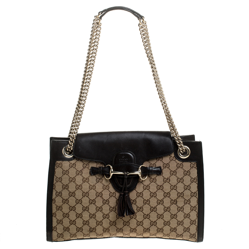 مملوكة مسبقًا حقيبة كتف غوتشي سلسلة إيميلي كبيرة كانفاس GG بيج / بنية داكنة