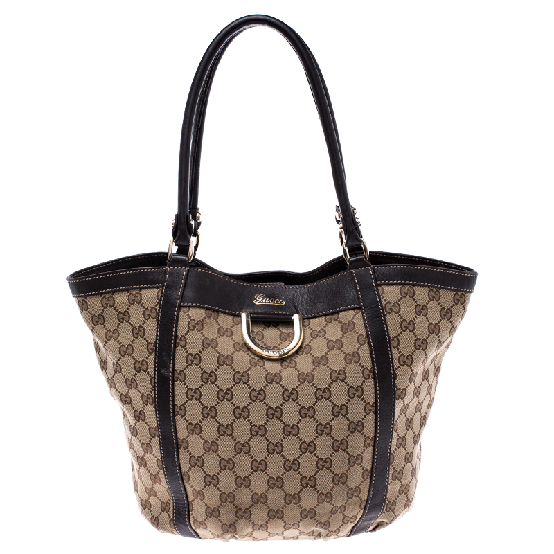 Pre Owned Gucci Beige/Dark Brown GG Canvas and Leather D Ring Tote