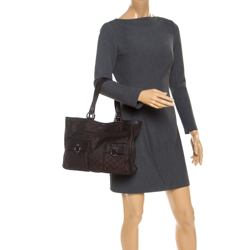

Gucci Dark Brown GG Nylon and Leather Abbey Pocket Tote